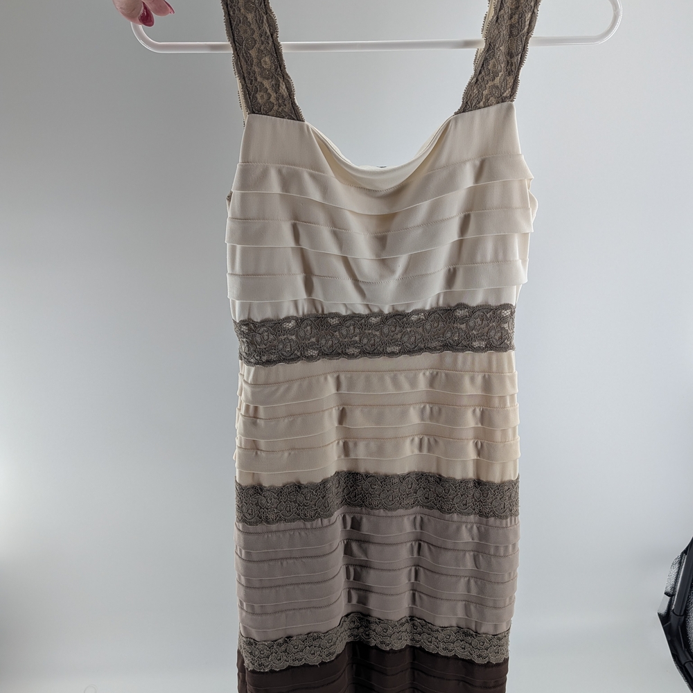 Cache Cream and Brown Striped Lace Mini Dress